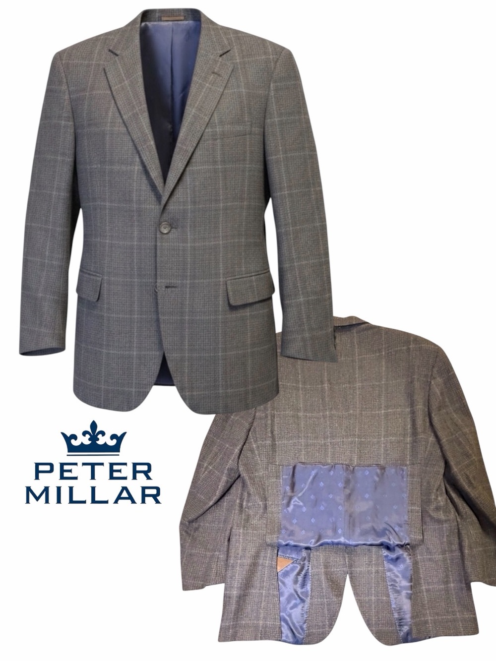 Peter Millar Wool Silk Cashmere‎ Windowpane Sport Coat Blazer Blue 46T Canada